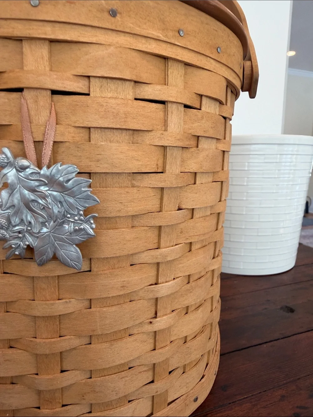 Vintage Longaberger Ice Bucket Basket With Fall Leaves Liner and Leaves Charm.